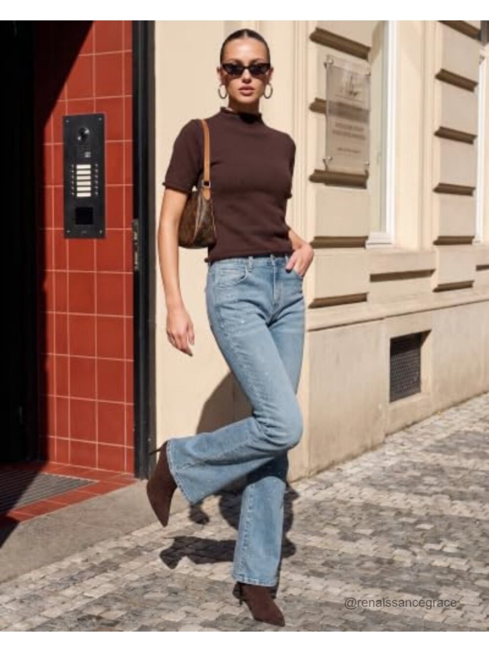 High Rise Flare Jeans Rhinestone Stretchy Denim Patch Pockets - Picture 5 of 6